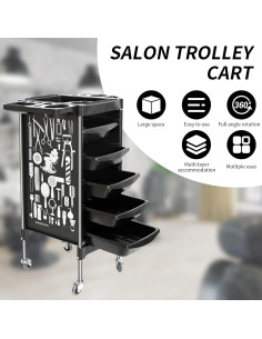 Carro de salón BARBERPLAN negro 5 cajones con ruedas 2