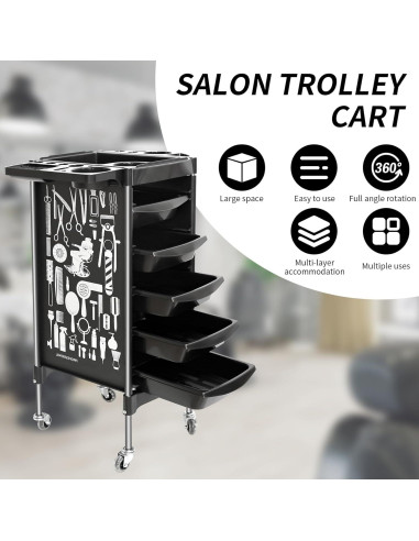 Carro de salón BARBERPLAN negro 5 cajones con ruedas