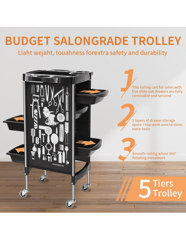 Carro de salón BARBERPLAN negro 5 cajones con ruedas