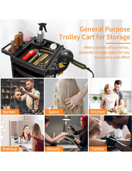 Carro de salón BARBERPLAN negro 5 cajones con ruedas