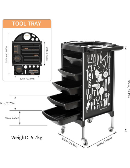 Carro de salón BARBERPLAN negro 5 cajones con ruedas