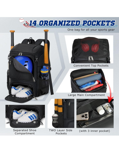 Mochila de béisbol RAINSMORE 9533 con compartimento para zapatos