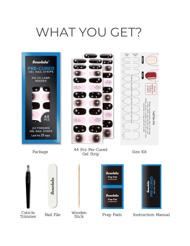 Tiras de Uñas de Gel Precuradas Beaolata - 44PCS Pulso Negro