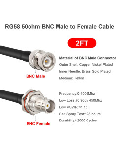 Cable Coaxial BNC Macho a Hembra RG58 0.61m Baja Pérdida 2