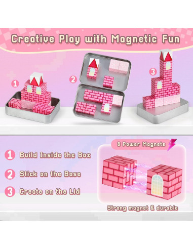 Bloques de Construcción Magnéticos 3 Nutrias - Castillo Rosa 12 Piezas