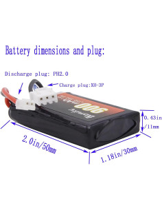 Batería Lipo Recargable 7.4V 900mAh Blomiky PH2.0 para RC 2