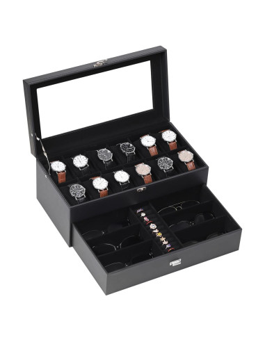 Caja de Joyería AUTOARK de Cuero para 12 Relojes y Gafas