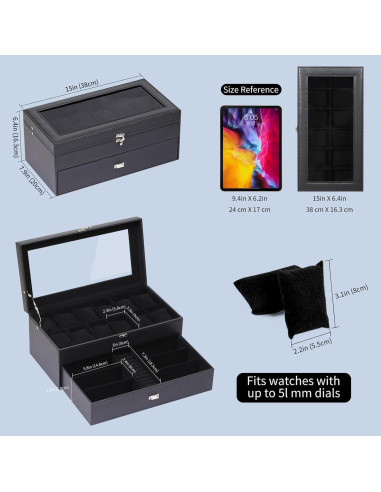 Caja de Joyería AUTOARK de Cuero para 12 Relojes y Gafas