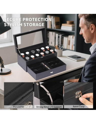 Caja de Joyería AUTOARK de Cuero para 12 Relojes y Gafas