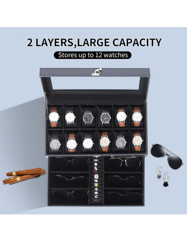 Caja de Joyería AUTOARK de Cuero para 12 Relojes y Gafas