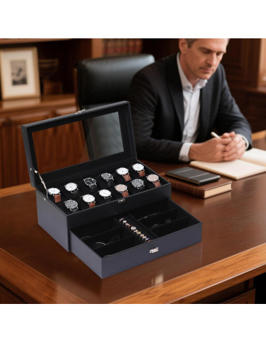 Caja de Joyería AUTOARK de Cuero para 12 Relojes y Gafas
