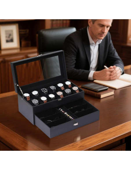 Caja de Joyería AUTOARK de Cuero para 12 Relojes y Gafas