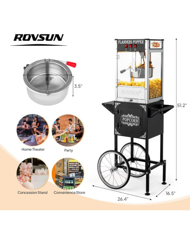 Máquina de Palomitas ROVSUN 8 Oz con Carrito y Ruedas