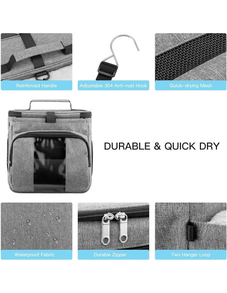 Bolsa de Ducha Portátil Bukere Gris, Gran Capacidad, Secado Rápido