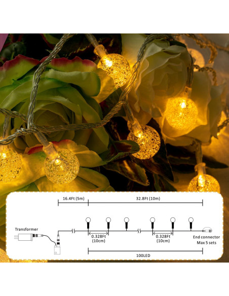 Luces de Cuerda LED 15m 100 Bolas de Cristal Ogrmar Blanco Cálido