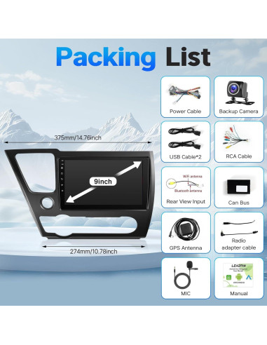 Estéreo de Coche Leadfan para Honda Civic 2013-2017, 9" Carplay