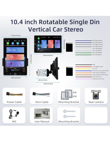 Estéreo de coche 1 Din EKAT 10.4" Pantalla Táctil Carplay GPS