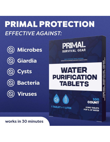 Tabletas Purificadoras de Agua Primal 100 Tabletas 1L