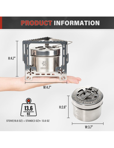 Estufa de Camping Alocs 2250W Acero Inoxidable Plegable
