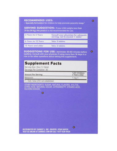 Suplemento de Melatonina Infantil Zarbee's Naturals 30 Tabletas Uva