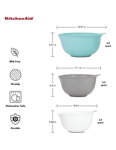 Juego de 3 Tazones de Mezcla KitchenAid Plástico 2.37L 3.31L 4.26L