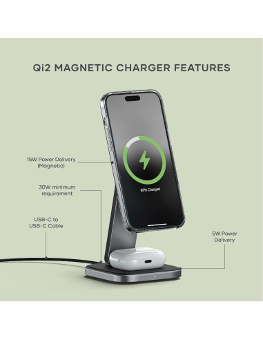 Cargador Inalámbrico 2 en 1 Satechi Qi2 15W Magnético