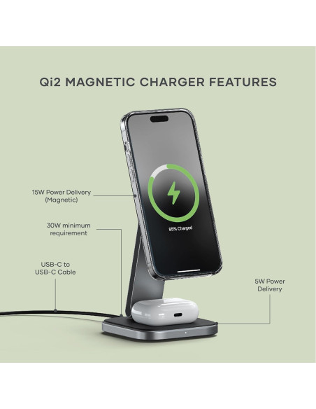 Cargador Inalámbrico 2 en 1 Satechi Qi2 15W Magnético