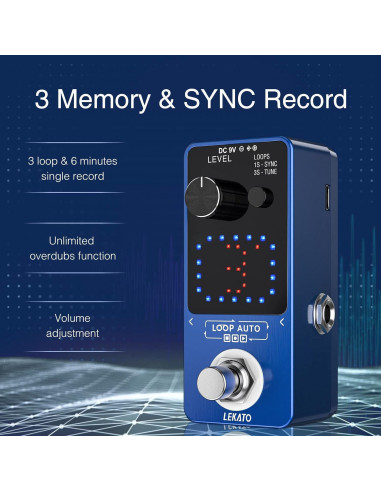 Pedal Looper LEKATO para Guitarra y Bajo, 3 Bucles, 18 Minutos