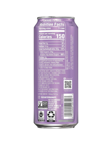 Bebida de Yerba Mate Orgánica Yachak Sabor Mora - 12 Latas 473ml
