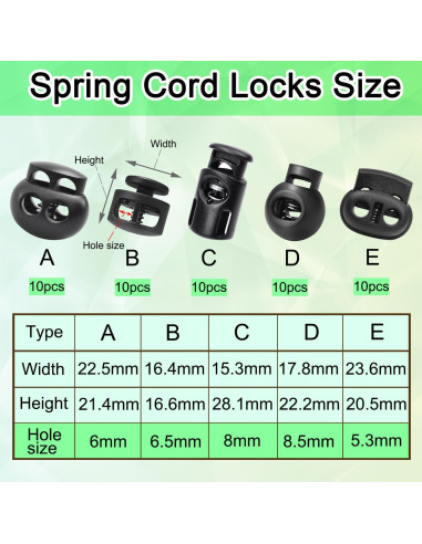 50 Cierres de Cuerda de Plástico con Resorte - 5 Estilos