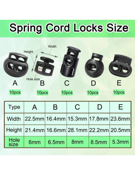 50 Cierres de Cuerda de Plástico con Resorte - 5 Estilos