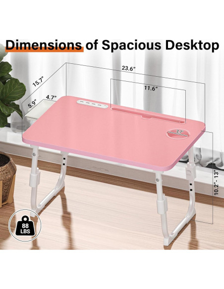 Mesa de cama ajustable DECOSIS Rosa con USB y almacenamiento