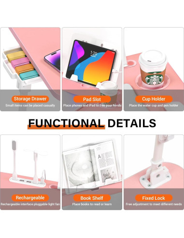 Mesa de cama ajustable DECOSIS Rosa con USB y almacenamiento