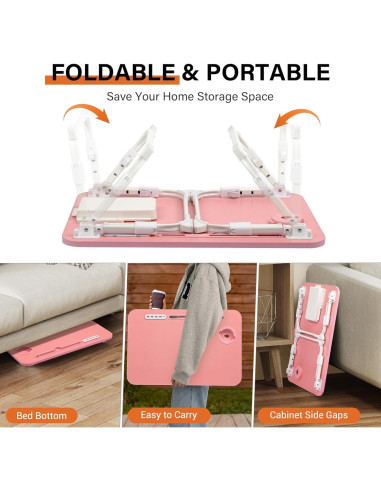 Mesa de cama ajustable DECOSIS Rosa con USB y almacenamiento