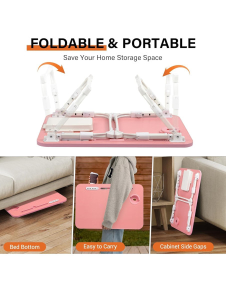 Mesa de cama ajustable DECOSIS Rosa con USB y almacenamiento