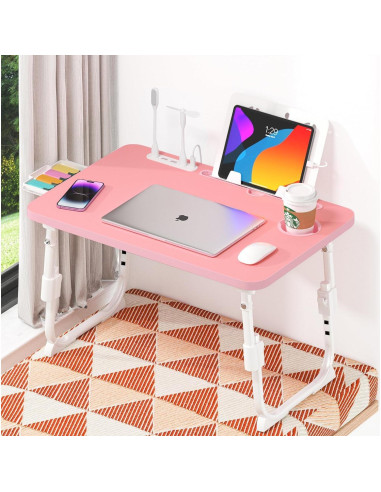 Mesa de cama ajustable DECOSIS Rosa con USB y almacenamiento