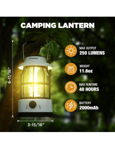 Linterna de Camping LED EverBrite, Recargable USB C, 250 Lúmenes