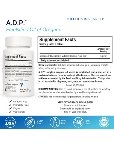 Biotics Research A.D.P. Aceite de Orégano y FC-Cidal 120 tabletas/cápsulas