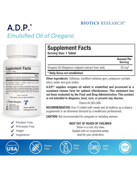 Biotics Research A.D.P. Aceite de Orégano y FC-Cidal 120 tabletas/cápsulas