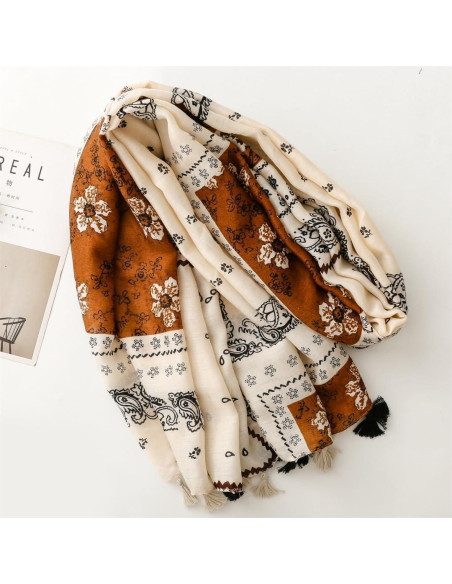 Bufanda Boho Pashmina Larga Multicolor con Cuentas Flecadas
