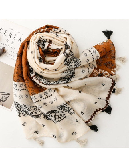 Bufanda Boho Pashmina Larga Multicolor con Cuentas Flecadas