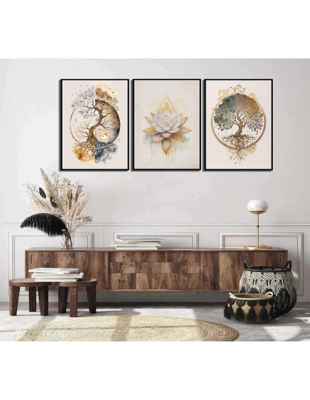 Set de 3 Pósters Loto Dorado Zen 30x40 cm Decoración