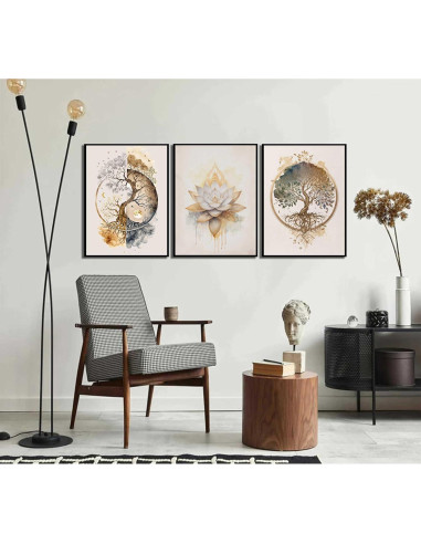 Set de 3 Pósters Loto Dorado Zen 30x40 cm Decoración