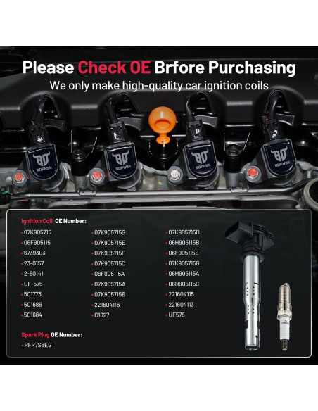 Bobinas de Encendido y Bujías de Iridio BDFHYK 4 Piezas UF575 PFR7S8EG