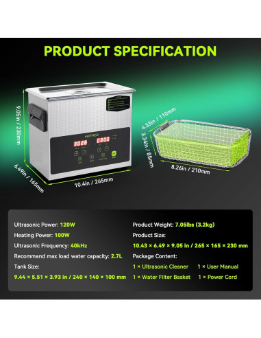 Limpiador ultrasónico 3L MNTNCO con modo ECO y calefacción