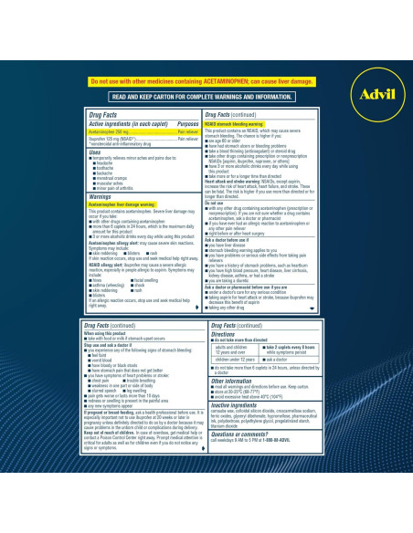 Advil Acción Dual Tabletas 216 Conteo - 250 Mg Ibuprofeno y 500 Mg Acetaminofén