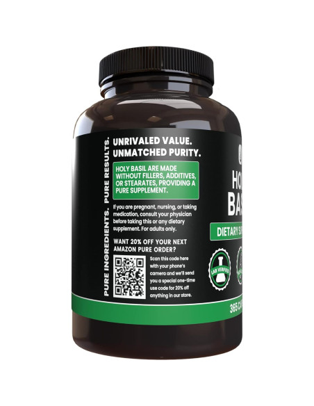 Cápsulas de Albahaca Sagrada Ingredientes Originales Puros 365 Unidades