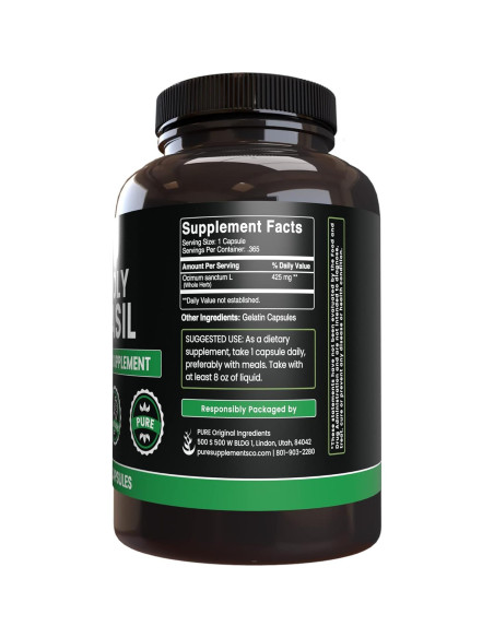 Cápsulas de Albahaca Sagrada Ingredientes Originales Puros 365 Unidades