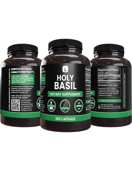Cápsulas de Albahaca Sagrada Ingredientes Originales Puros 365 Unidades
