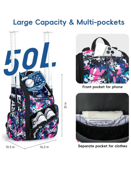 Bolsa de Béisbol KAVIGOR 50L para Jóvenes y Adultos Camo Rosa